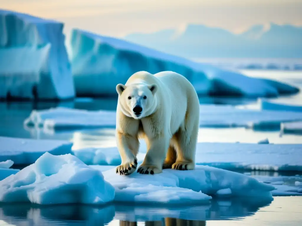 Imagen impactante de un oso polar en un deshielo, reflejando urgencia y vulnerabilidad