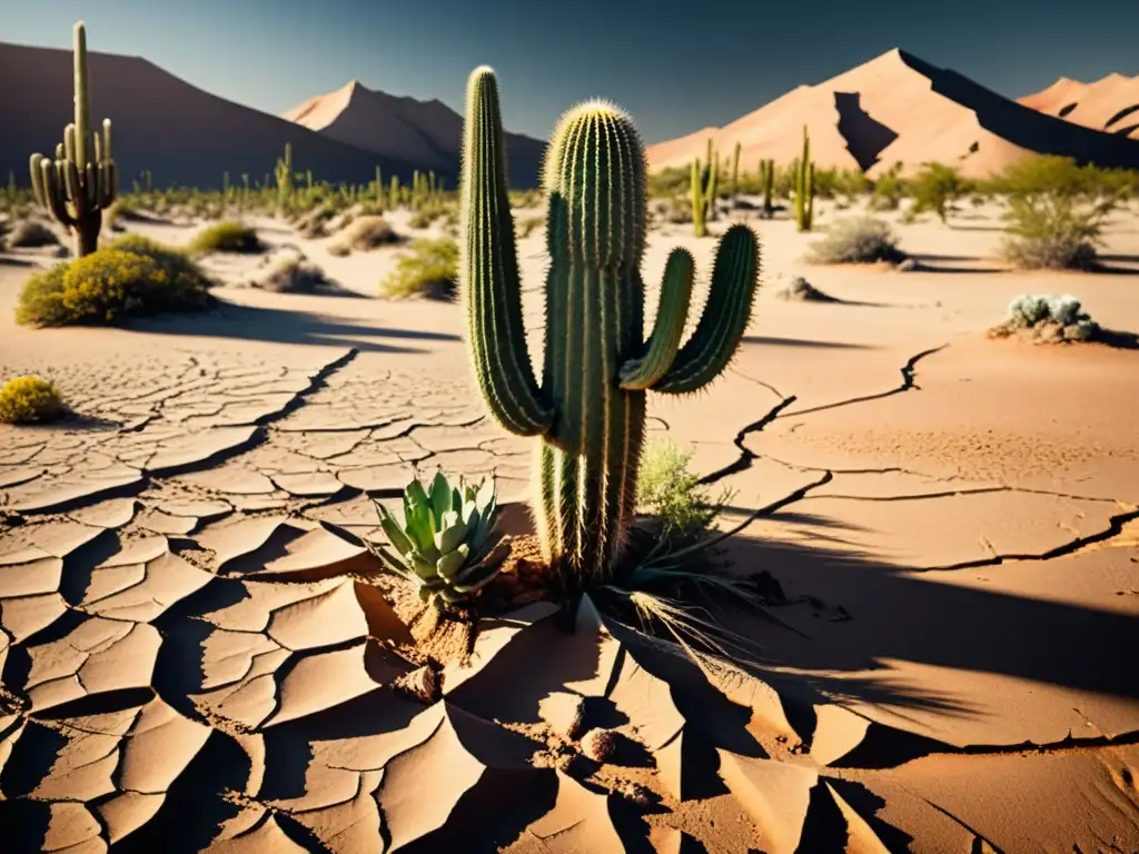 Imagen impactante de un paisaje desértico reseco, con un sol implacable y un solitario cactus luchando por sobrevivir