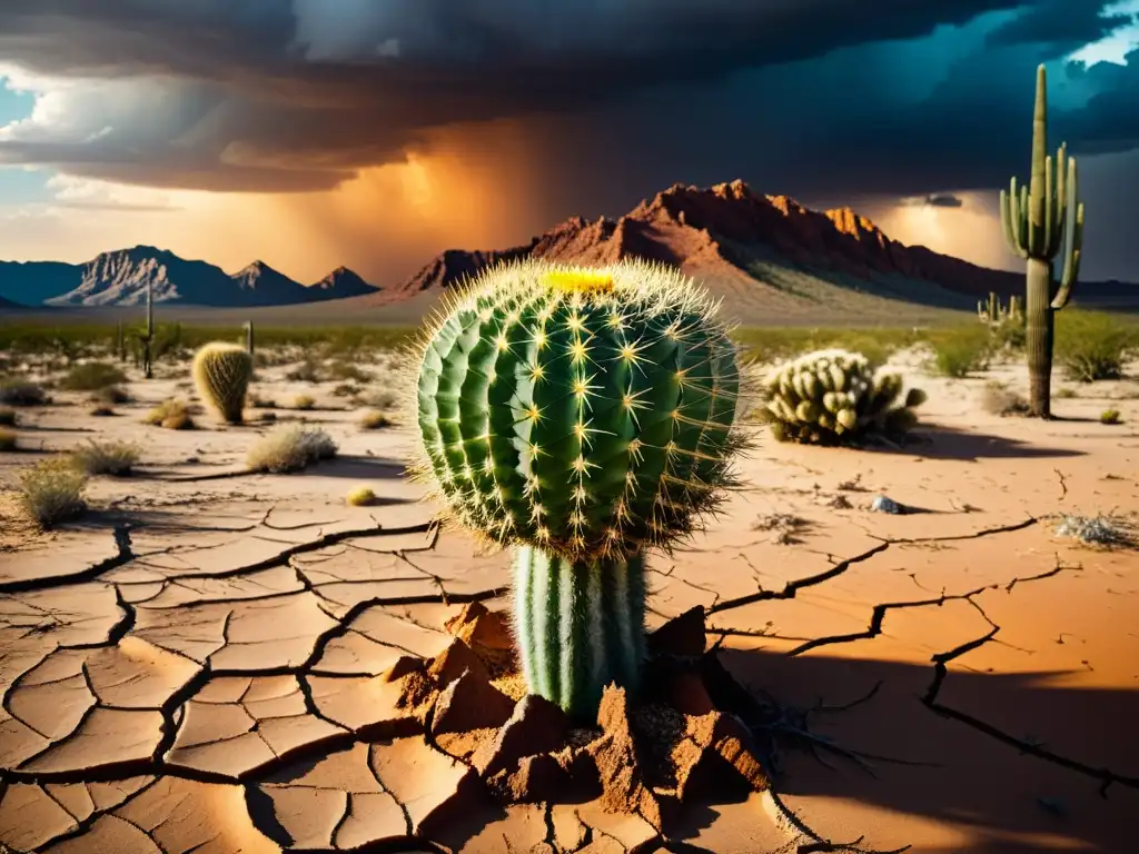 Imagen impactante de un paisaje desértico con sequía extrema, mostrando la adaptación de flora y fauna en sequías extremas