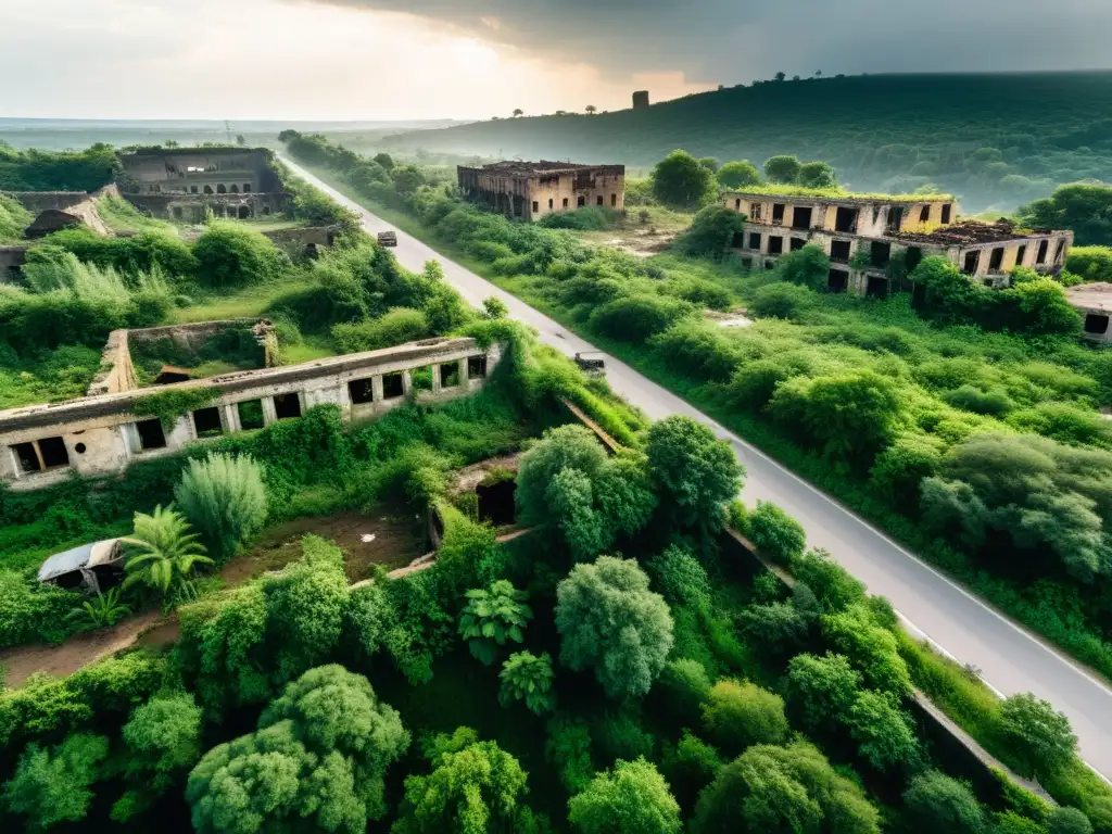 Imagen impactante de un paisaje devastado por la guerra, donde la naturaleza lucha por recuperarse