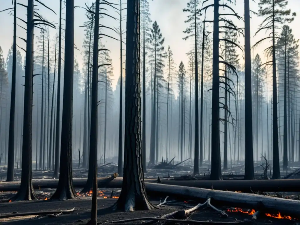 Imagen impactante de un paisaje forestal carbonizado, con árboles quemados y suelo ceniciento