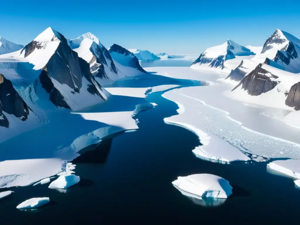 Imagen impactante de un paisaje helado en el Ártico o Antártida, con montañas nevadas, glaciares azules y un océano congelado