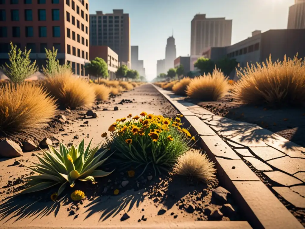 Imagen impactante de un paisaje urbano asfixiado por el efecto mortal de las olas de calor, con plantas marchitas y tierra agrietada