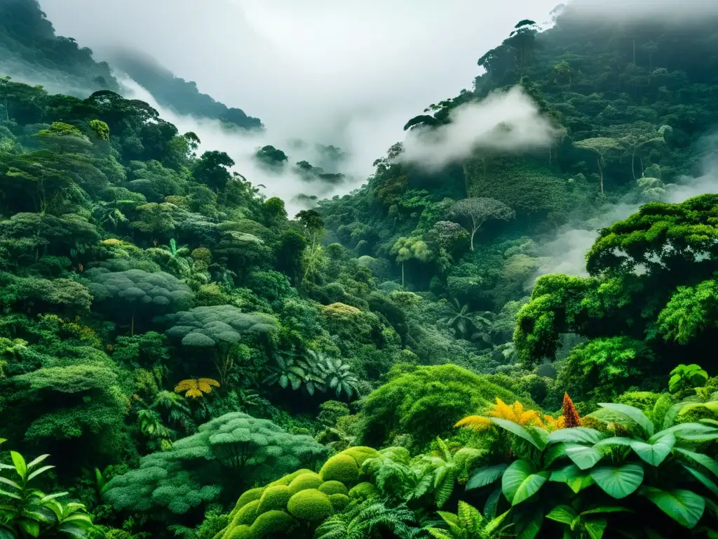 Imagen impactante de paisajes acústicos de bosques nublados, con exuberante flora y fauna en un ambiente etéreo y sereno