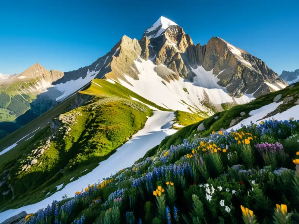 Imagen impactante de un pico nevado rodeado de una diversa flora y fauna alpina