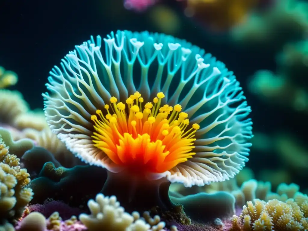 Imagen impactante de un pólipo de coral liberando sus larvas en el agua, resaltando la importancia del ciclo de vida del coral