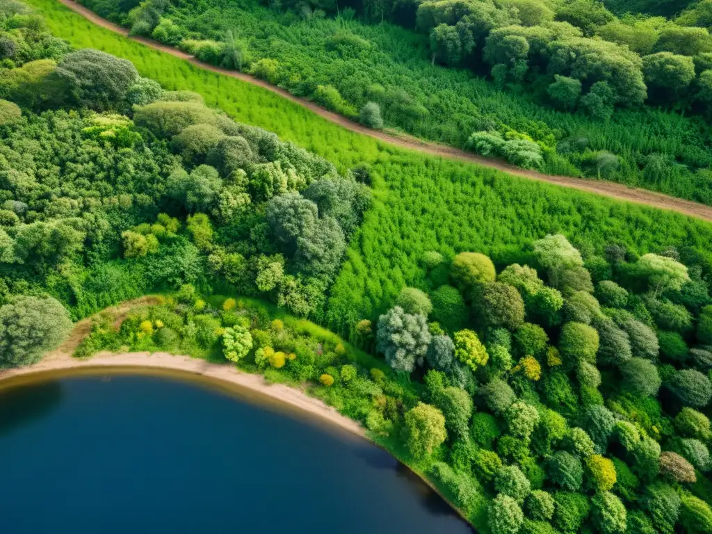 Imagen impactante de restauración de ecosistemas con métodos pasivos y activos, resaltando la coexistencia natural y tecnológica