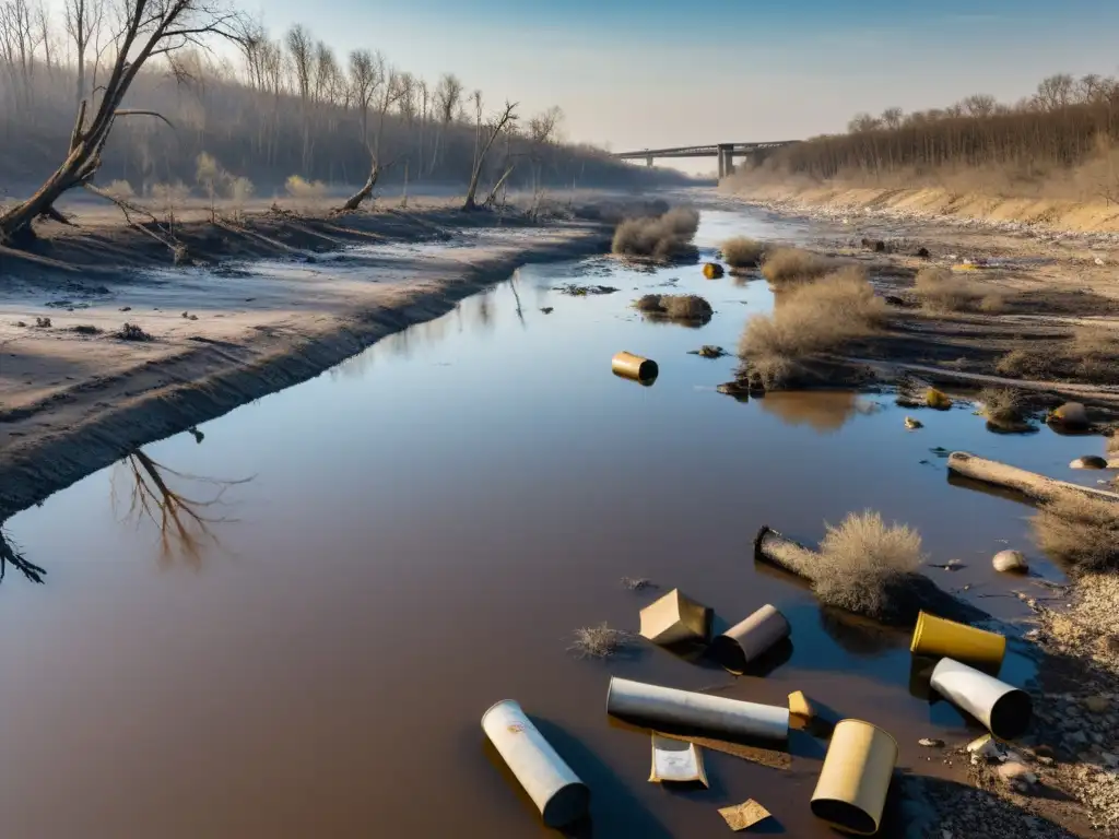 Imagen impactante de un río contaminado con aguas marrones y basura flotante