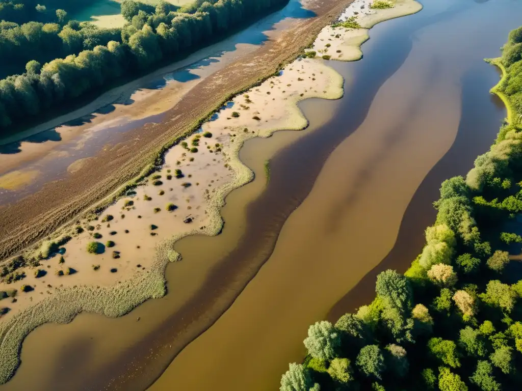 Imagen impactante de un río contaminado con desechos flotantes, mostrando la degradación del ecosistema