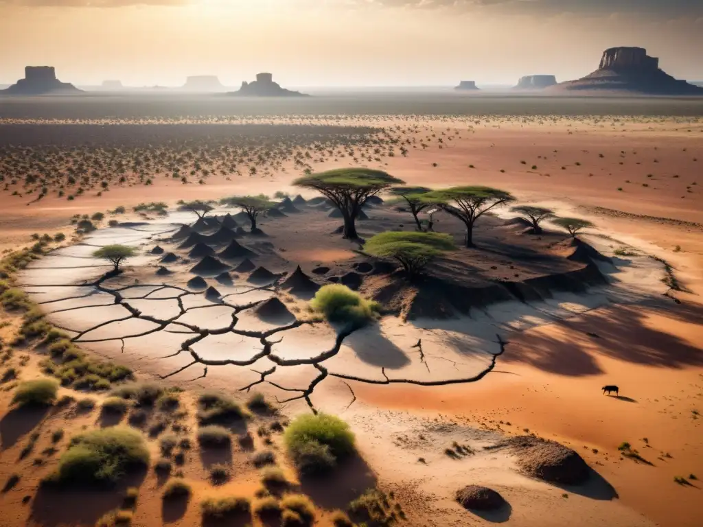 Imagen impactante de una sabana árida y desolada, mostrando el efecto del cambio climático en sabanas