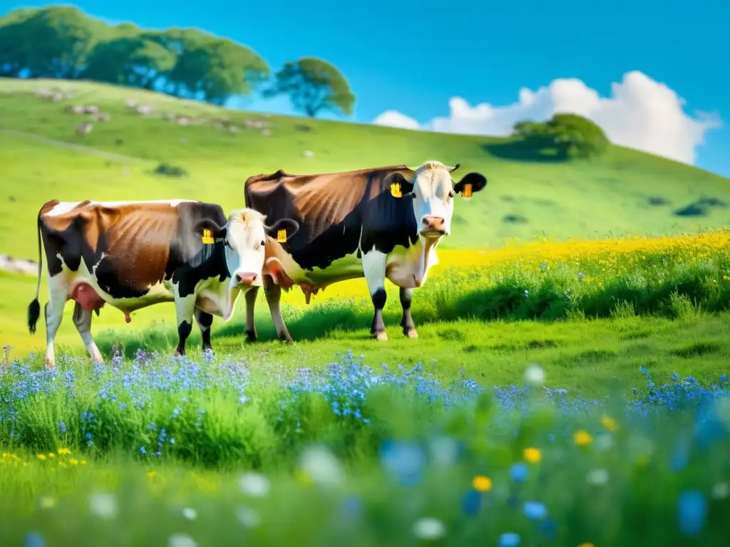 Imagen impactante de ganadería sostenible en armonía con la naturaleza, vacas pacíficas pastando en un prado verde bajo el cálido sol