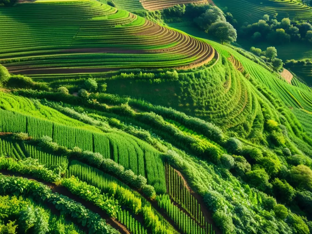 Imagen impactante de técnicas conservación suelo evitar erosión en terrazas con exuberante vegetación y luz suave