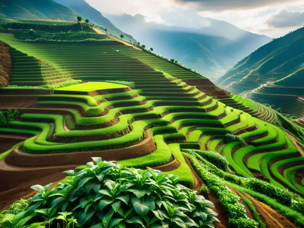 Imagen impactante de terrazas de cultivo en montaña, con muros de contención y vegetación exuberante