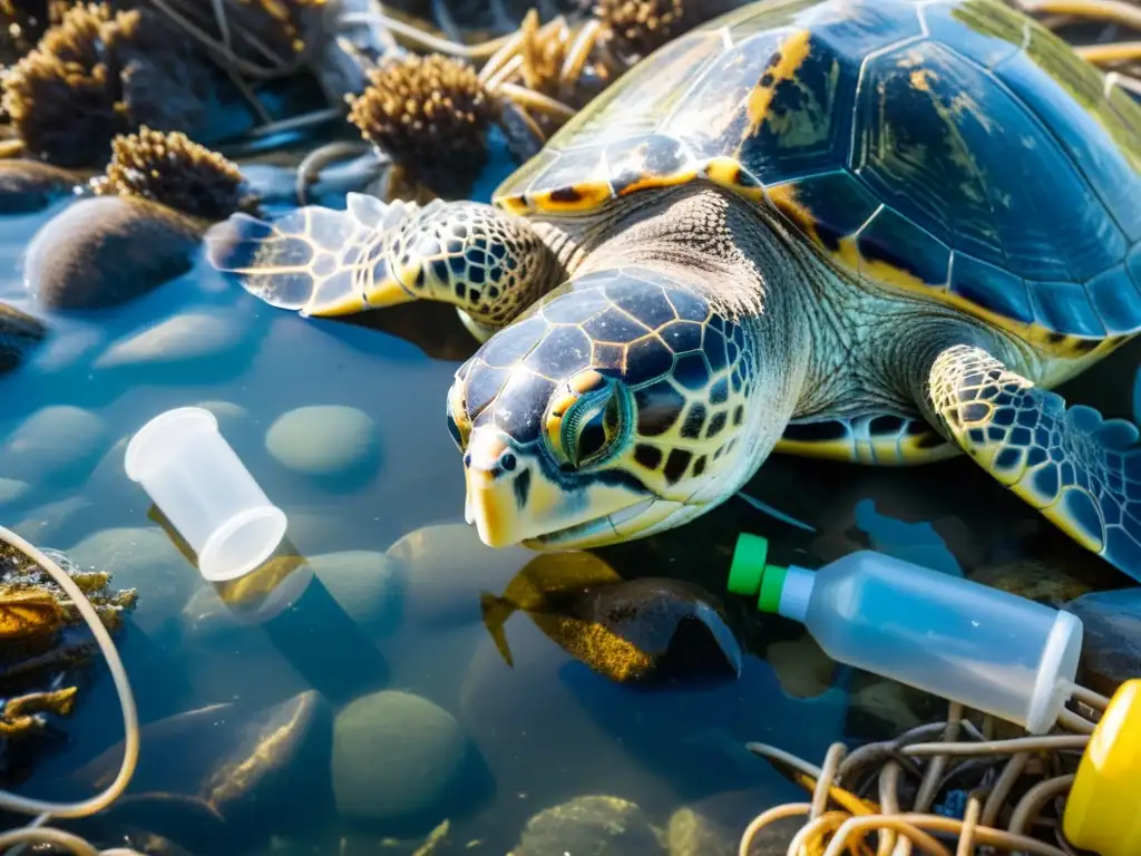 Imagen impactante de una tortuga marina luchando contra plásticos, reflejando el impacto plásticos vida marina en el océano