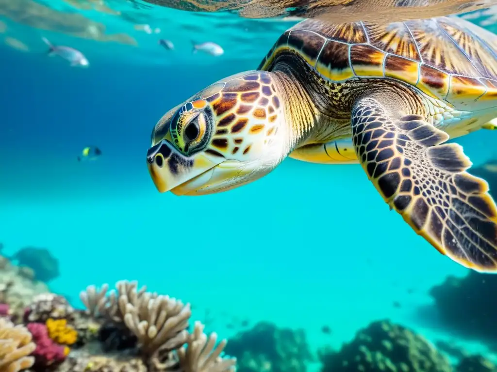 Imagen impactante de una tortuga marina atrapada en plástico, luchando entre arrecifes de coral