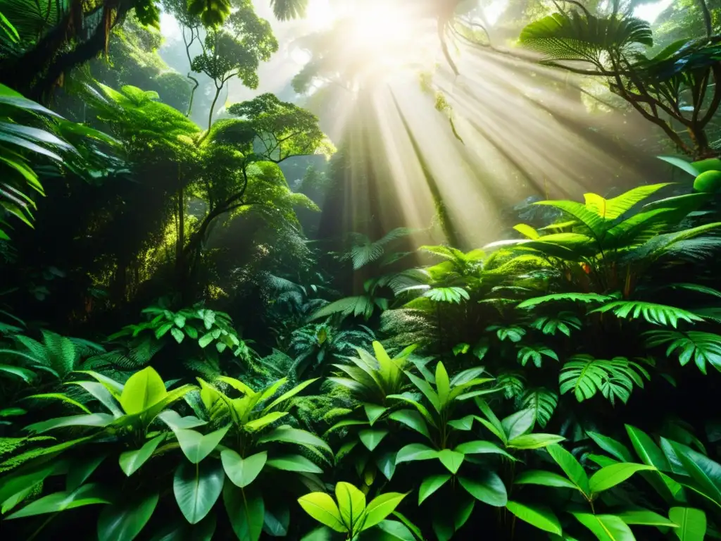 Imagen impactante de bosque tropical exuberante, vida silvestre diversa y luz solar filtrándose entre la densa vegetación