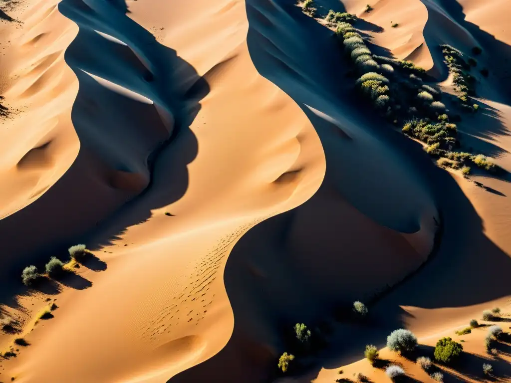 Imagen impactante de un vasto paisaje desértico con patrones de dunas, rocas y vegetación escasa