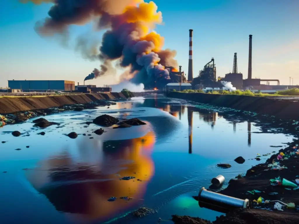 Imagen impactante de una vía fluvial contaminada, con agua oscura y reflejos de edificios industriales