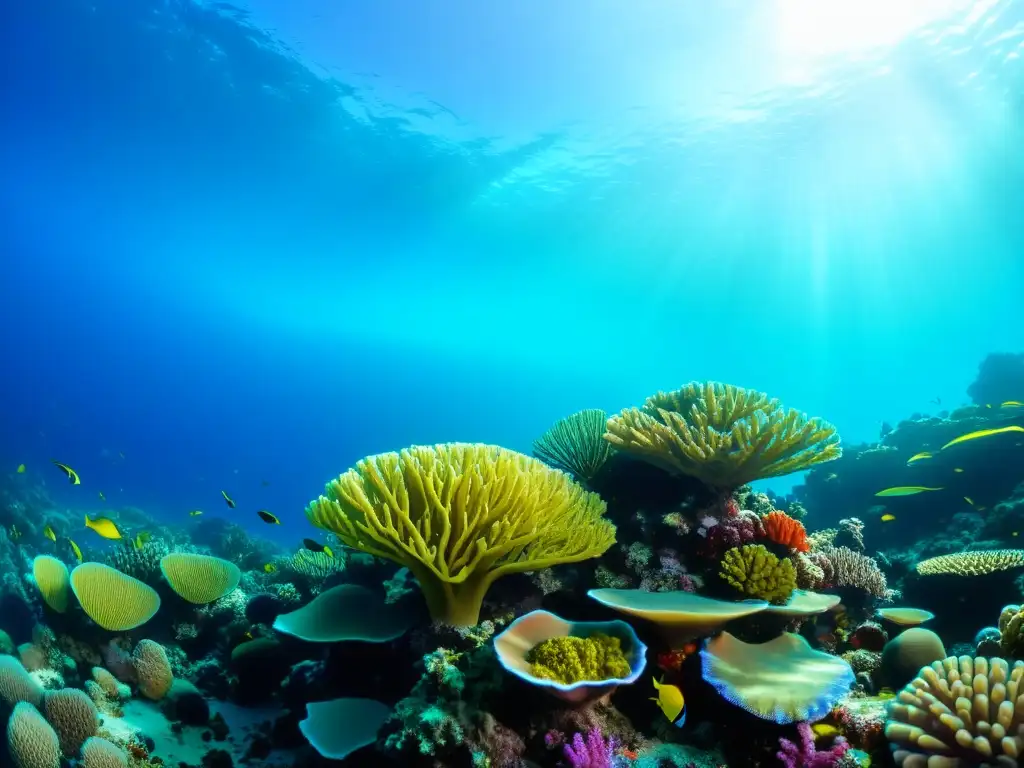 Imagen impactante de un vibrante arrecife de coral, reflejando la protección de especies de corales en un paisaje submarino biodiverso y hermoso