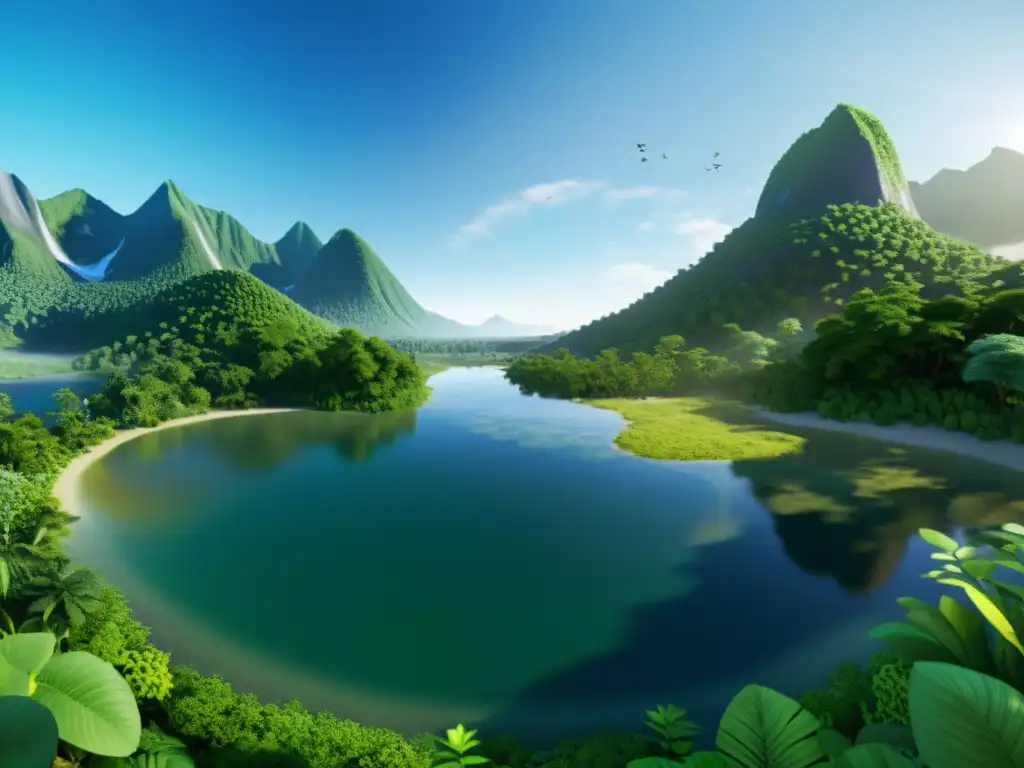 Imagen impactante de un videojuego educativo sobre ecología con un ecosistema diverso, vida silvestre vibrante y una atmósfera de asombro