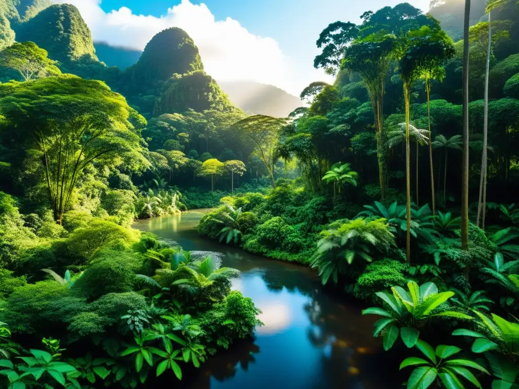 Imagen de impacto social y ambiental responsable en exuberante selva tropical, con flora vibrante y vida silvestre diversa