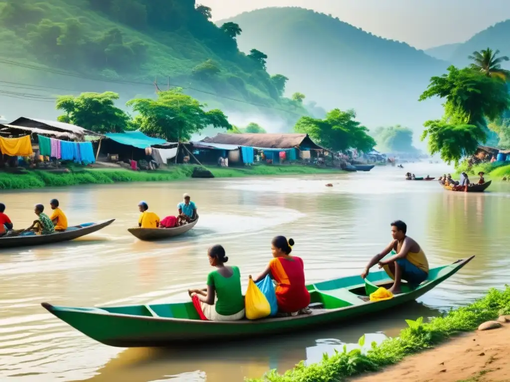 La imagen muestra la importancia de los ríos en las comunidades humanas, con locales lavando ropa en el río y paisaje natural exuberante