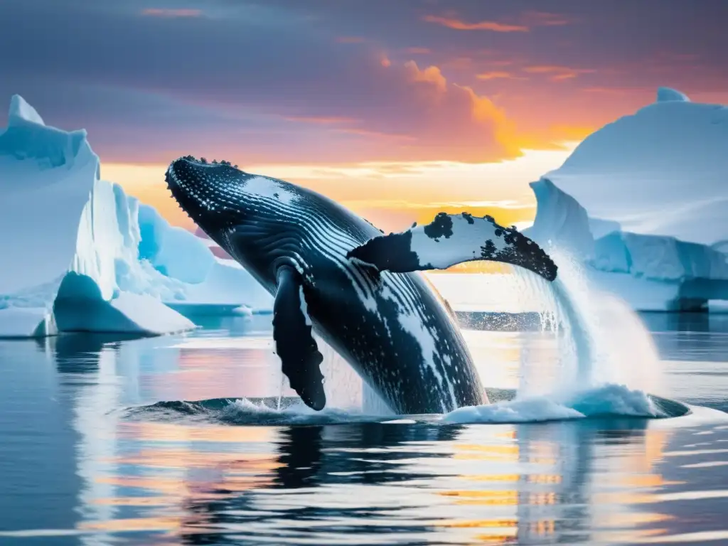 Imagen impresionante de una ballena jorobada saltando en aguas antárticas al atardecer, capturando la vida de las ballenas en ecosistemas marinos