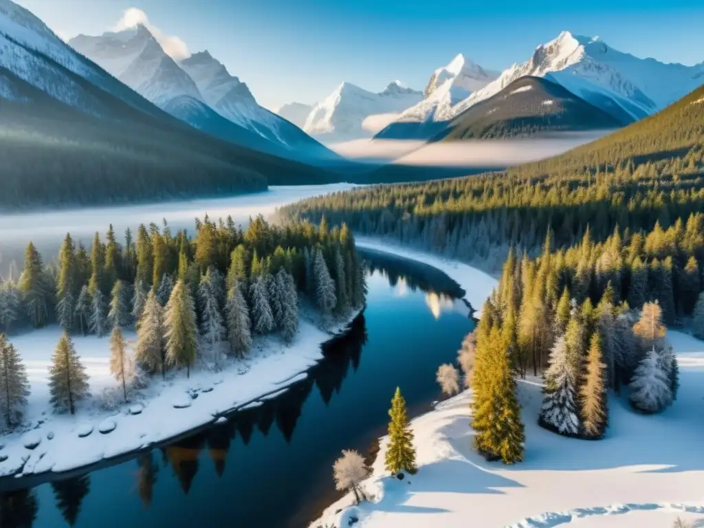Imagen de la impresionante ecología de la taiga siberiana, con bosques nevados y un río congelado sereno, bajo la luz dorada del sol