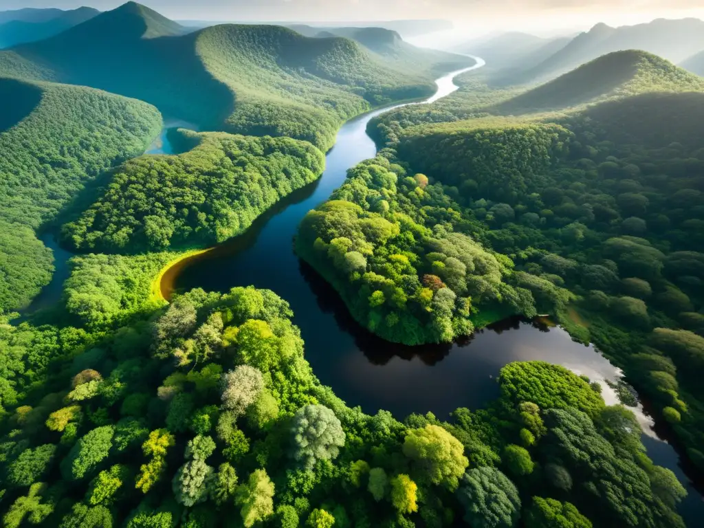 Imagen impresionante de un ecosistema diverso con exuberante vegetación y un río serpenteante