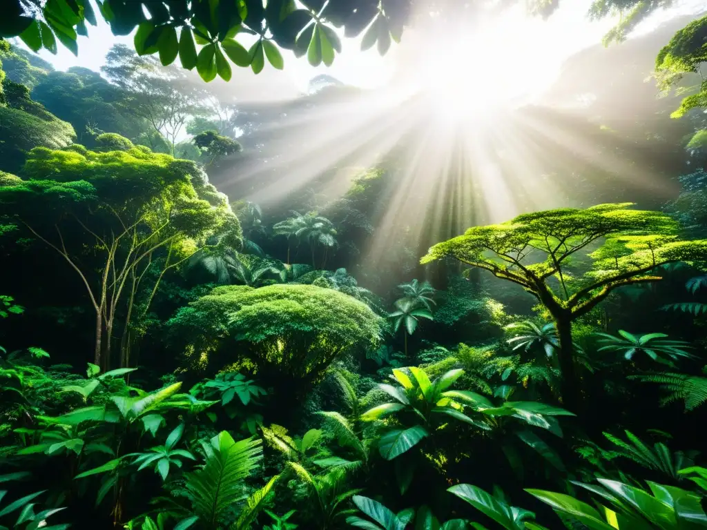 Imagen impresionante de un exuberante y biodiverso bosque lluvioso, con vida vegetal vibrante, árboles imponentes y diversa fauna