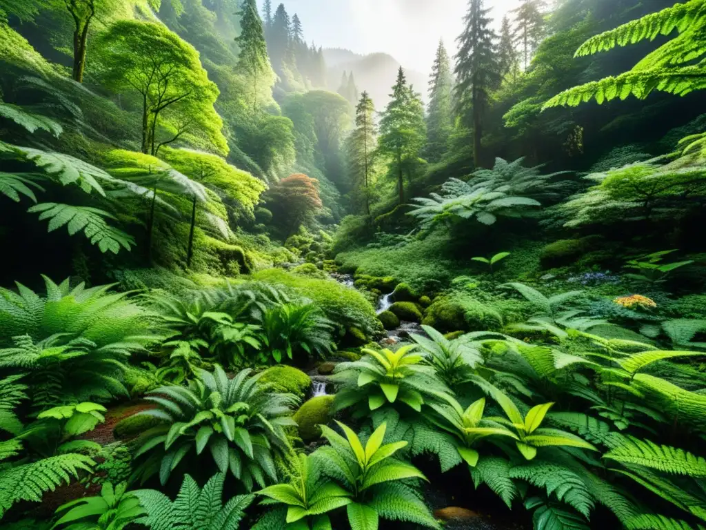 Imagen impresionante de un exuberante bosque con árboles enormes, diversa vegetación y un arroyo cristalino