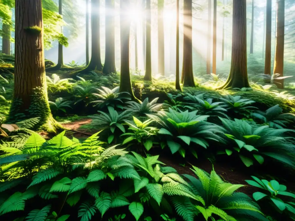 Imagen impresionante de un exuberante bosque, con luz solar filtrándose entre el dosel y creando sombras