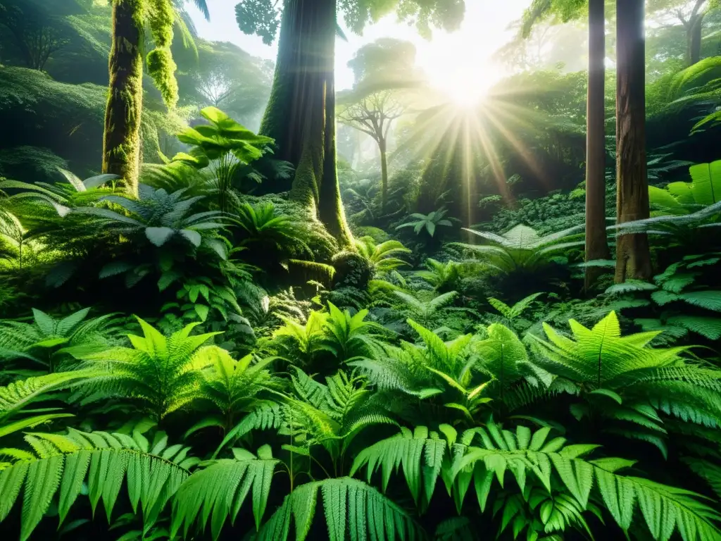 Imagen impresionante de un exuberante bosque, con luz solar filtrándose a través del dosel y vida animal