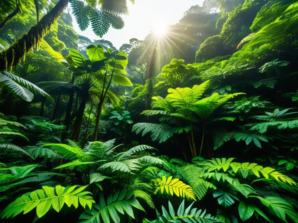 Imagen impresionante de un exuberante dosel de selva tropical, con luz solar filtrándose a través de la frondosa vegetación