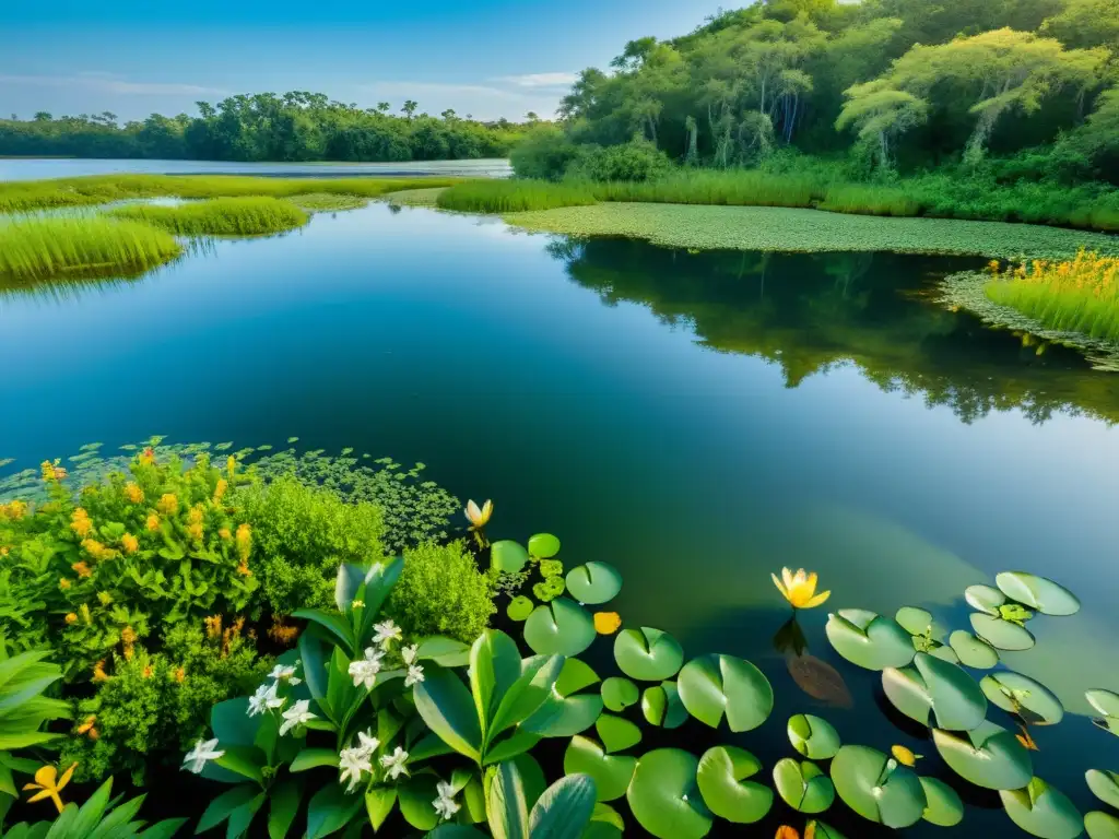 Imagen impresionante de un exuberante ecosistema acuático, con plantas nativas prósperas en aguas cristalinas