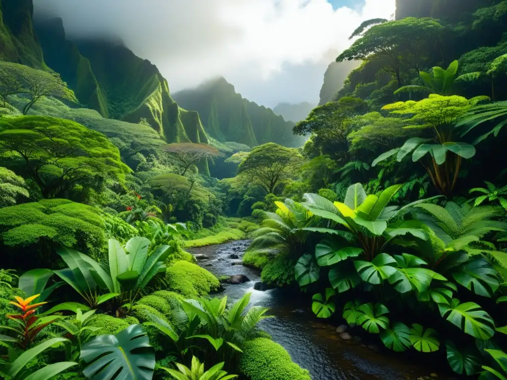 Imagen impresionante del exuberante y virgen bosque lluvioso de Hawái, reflejando la belleza del ecoturismo en las islas de Hawái