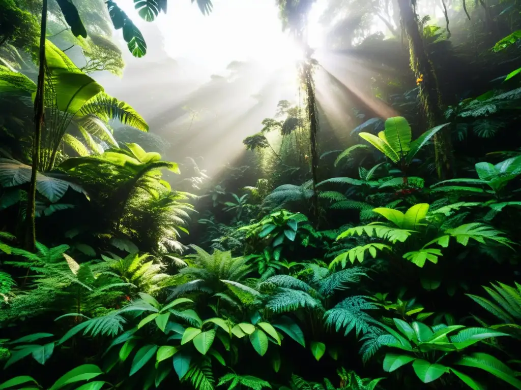 Imagen impresionante de un exuberante y vibrante bosque lluvioso, con flora y fauna diversa