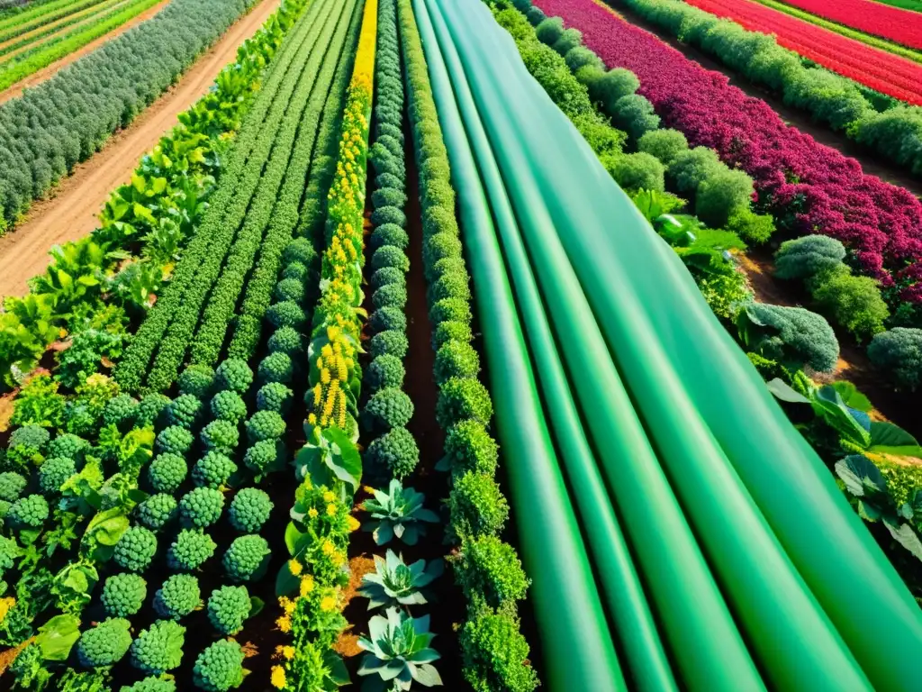 Una imagen impresionante de una granja orgánica exuberante, con frutas y verduras coloridas y libres de pesticidas bajo el sol