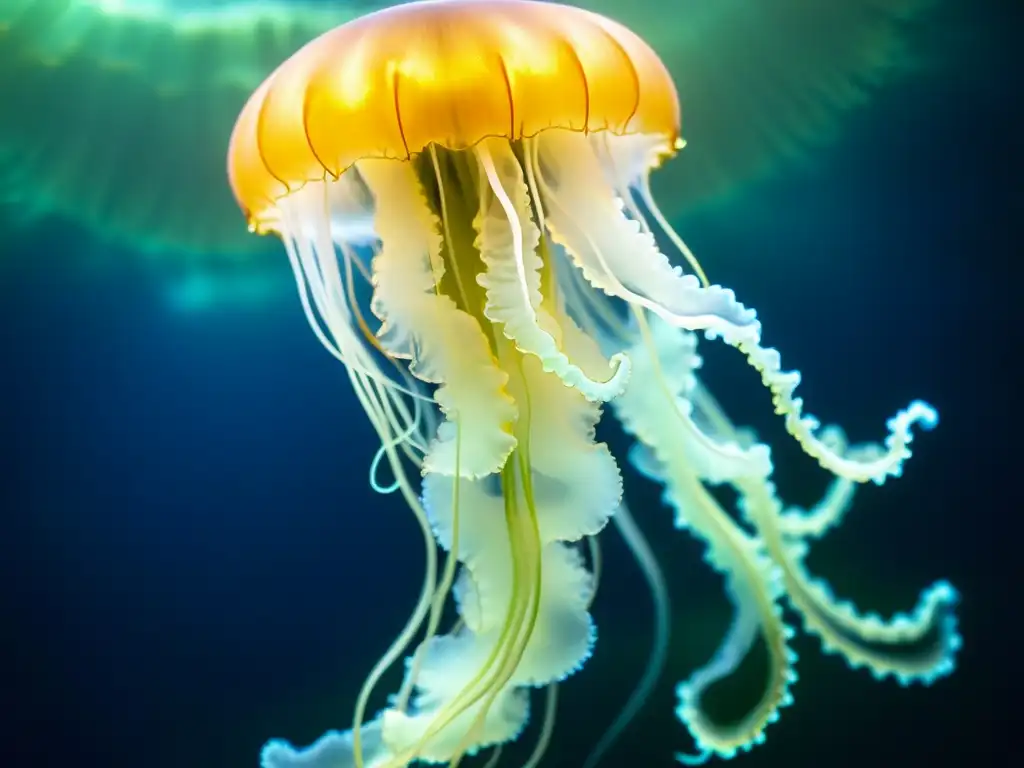 Imagen de una impresionante medusa bioluminiscente en el océano profundo, con un halo de tonos azules y verdes