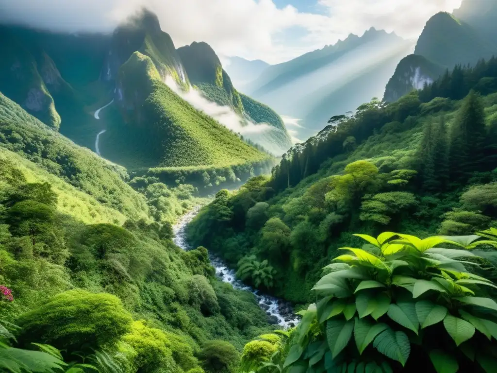 Imagen impresionante de un paisaje montañoso exuberante, con picos envueltos en niebla y una vibrante variedad de flora y fauna