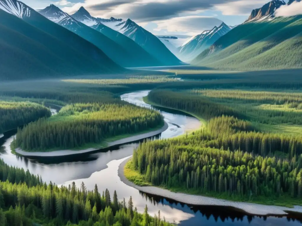 Imagen impresionante de la Taiga, con bosques frondosos, río cristalino y montañas nevadas
