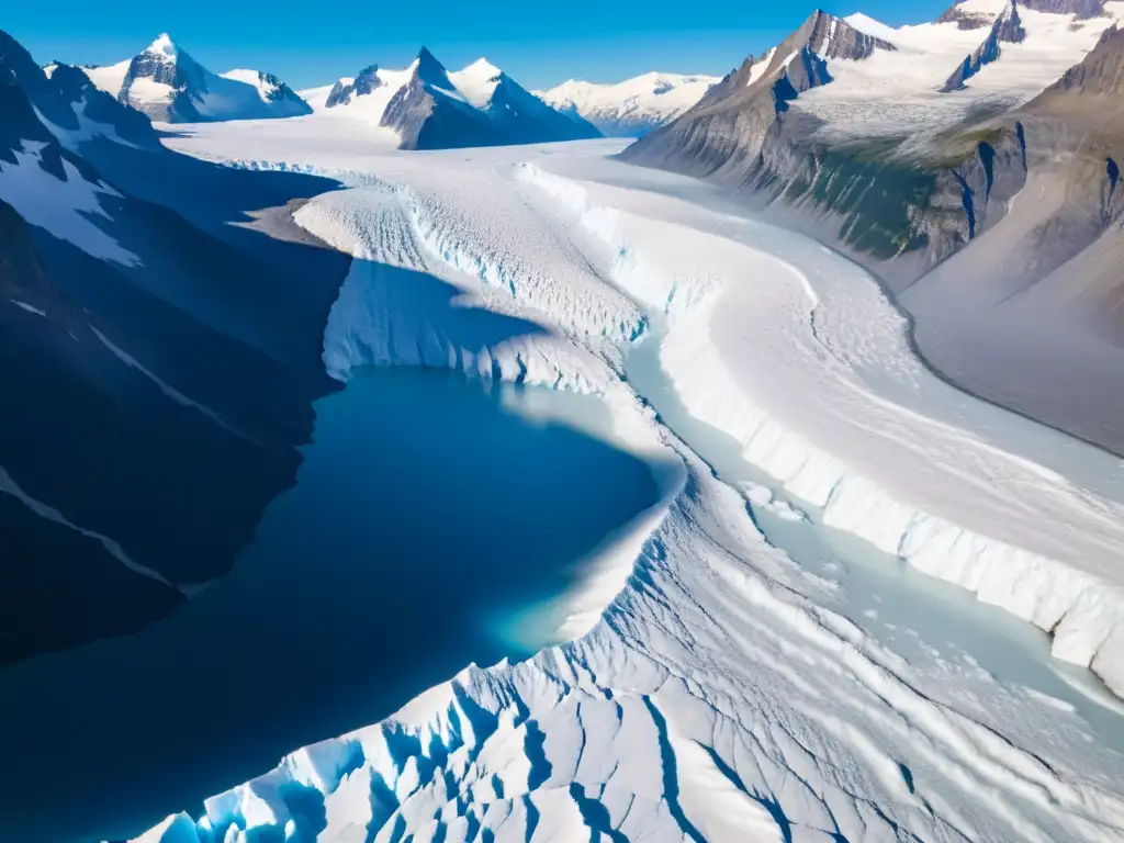 Glaciar majestuoso en un paisaje de montañas nevadas Imagen impresionante de un vasto glaciar rodeado de montañas nevadas, con indicadores clave de cambio climático glaciares