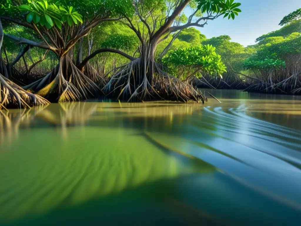 Imagen increíble de un denso manglar en 8k, resaltando la importancia de los estuarios y manglares con su exuberante vida y paisaje único