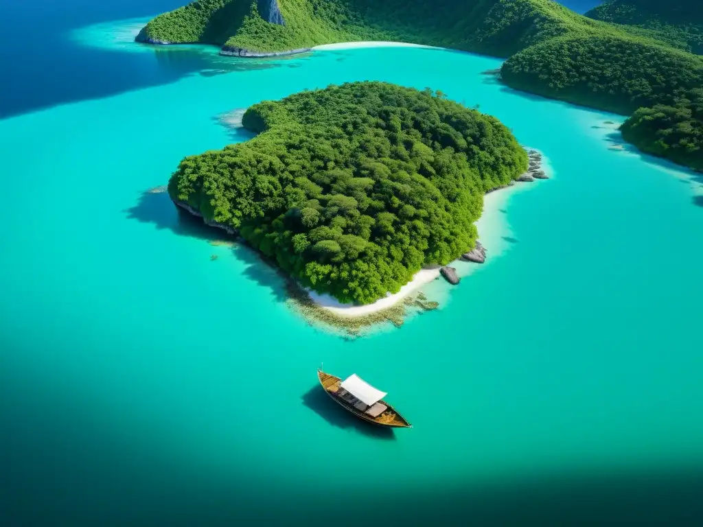 Imagen de una isla remota e intocada rodeada de aguas turquesas cristalinas, con exuberante vegetación y vida silvestre única