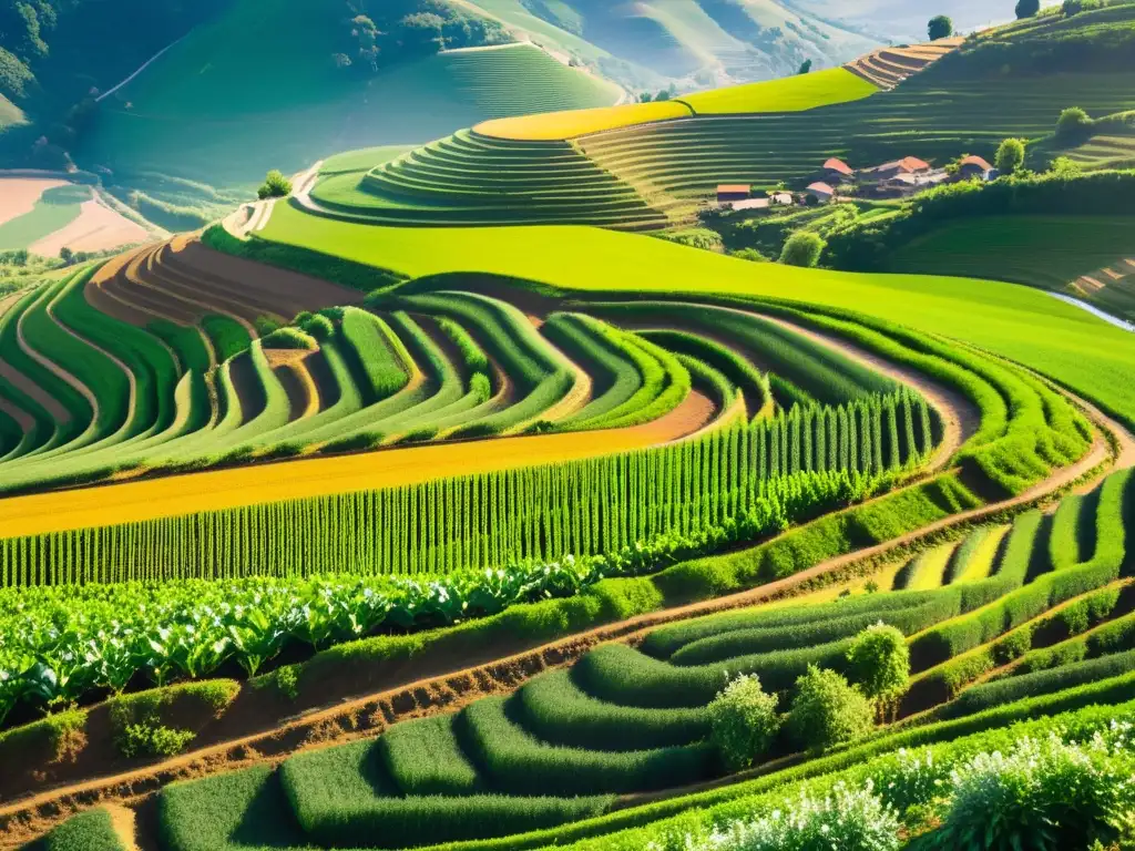 Imagen de ladera terrazada con cultivos verdes vibrantes, reflejando técnicas conservación suelo evitar erosión