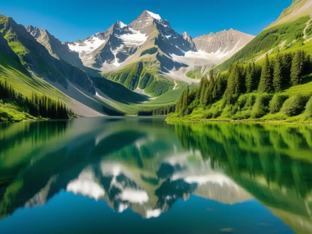 Biodiversidad en lagos de montaña: imagen de un lago cristalino rodeado de exuberante vegetación, reflejando picos nevados y la diversa flora y fauna