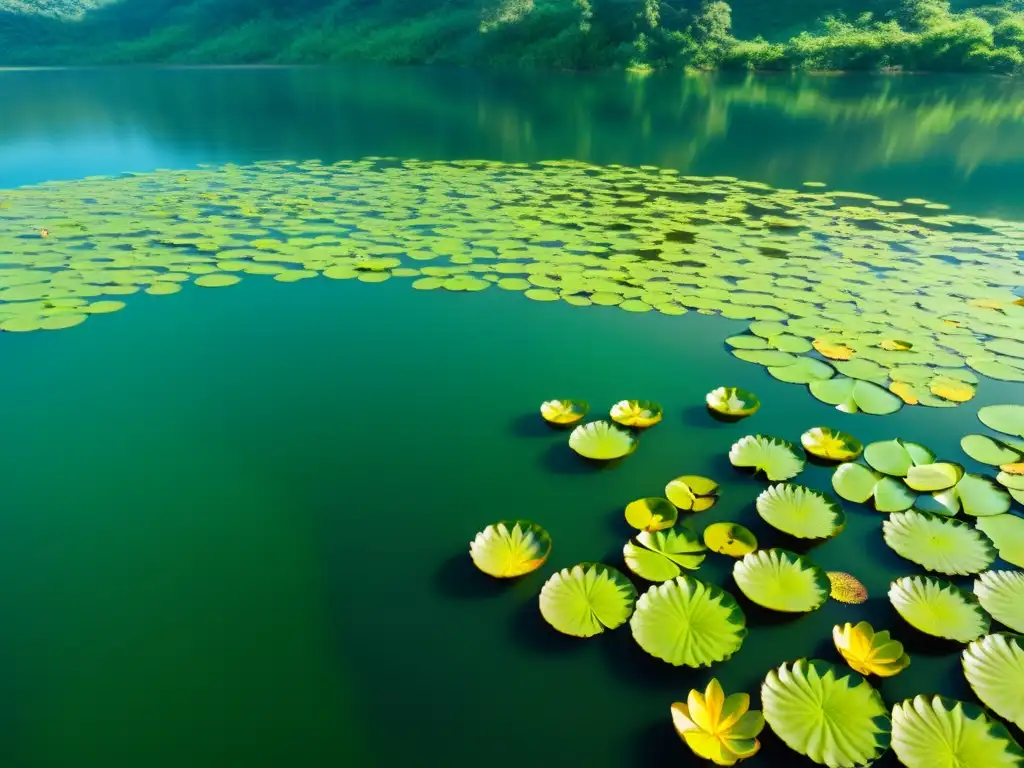 Imagen de un lago sereno con plantas acuáticas y su rol ecosistémico, mostrando un hermoso juego de luz y sombra bajo el agua