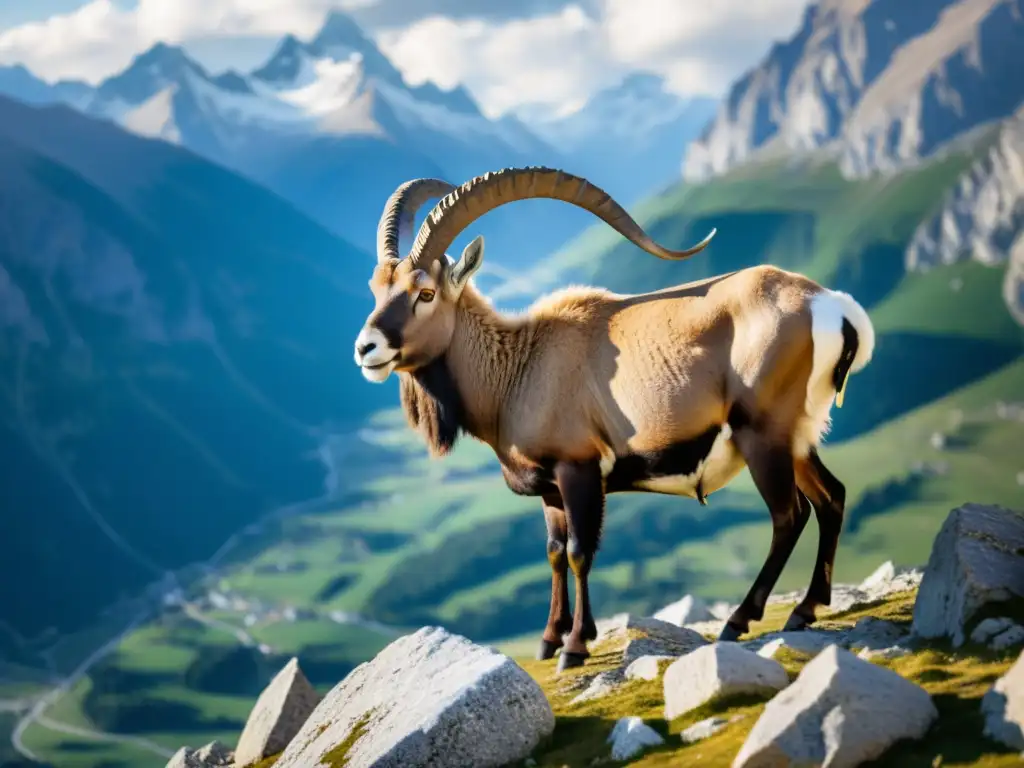 Imagen de un majestuoso alpino íbice en su hábitat natural, con los picos nevados de los Alpes al fondo