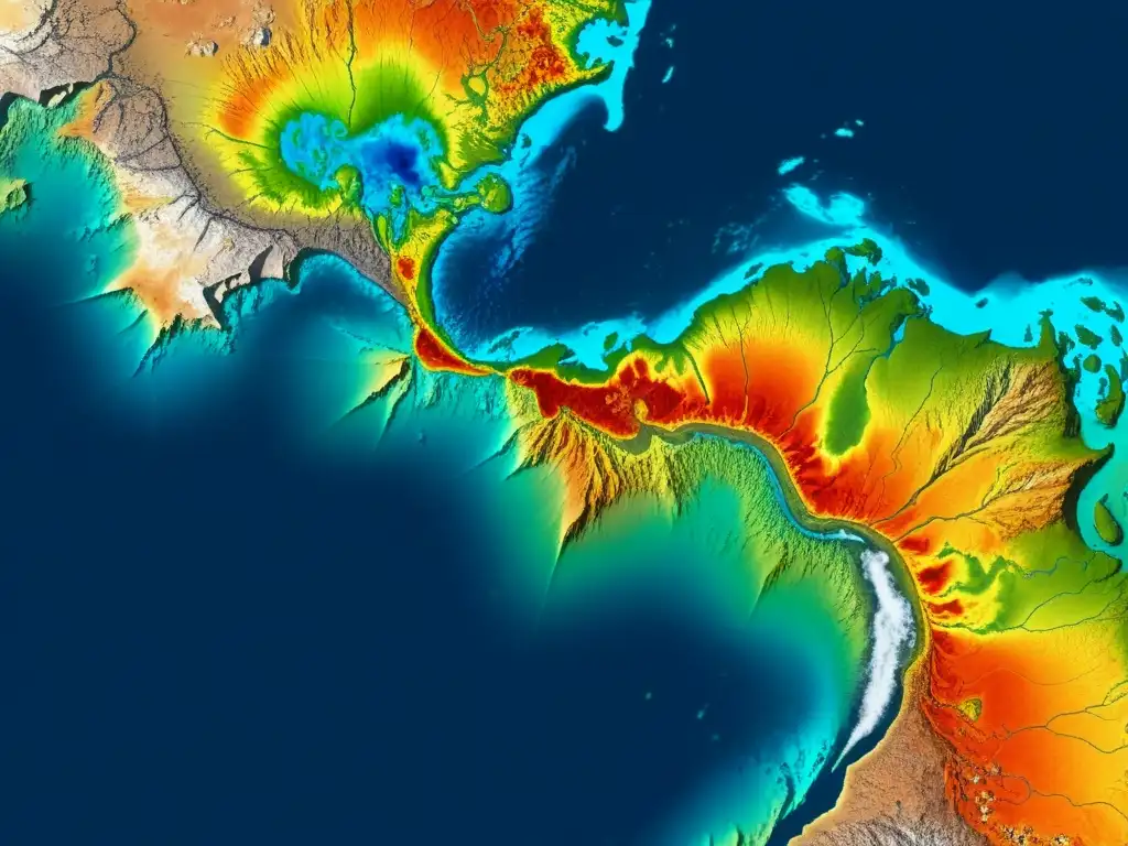 Imagen de alta resolución de movimientos tectónicos, con fallas visibles, cordilleras y fosas oceánicas