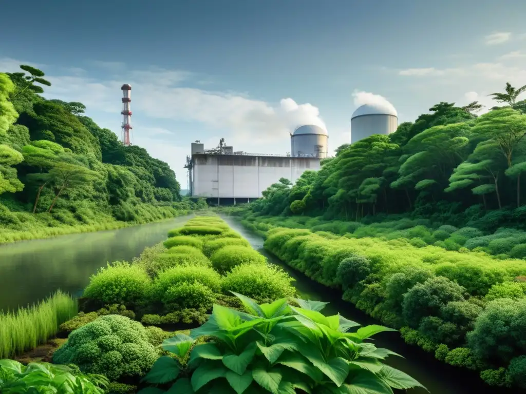 Imagen del paisaje de la central nuclear de Fukushima Daiichi cubierta de vegetación, resaltando la resiliencia de ecosistemas postnucleares